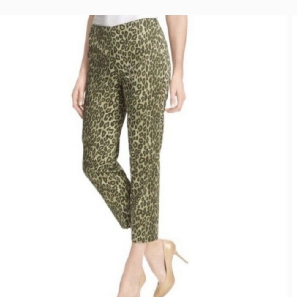 Lafayette 148 Kale Green Leopard Bleeker Crop Pant Size 14 W Straight Leg